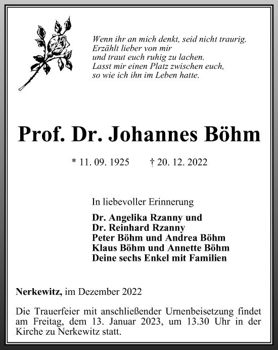 Traueranzeige von Johannes Böhm von Ostthüringer Zeitung, Thüringische Landeszeitung