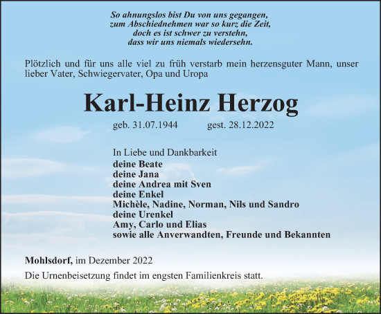 Traueranzeige von Karl-Heinz Herzog von Ostthüringer Zeitung