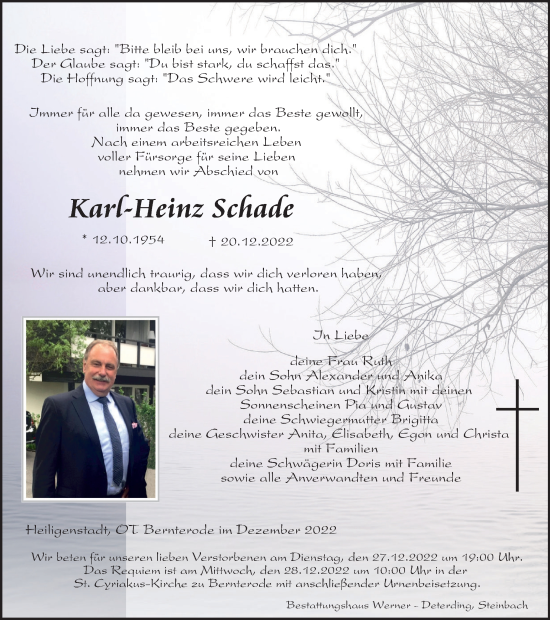 Traueranzeige von Karl-Heinz Schade von Thüringer Allgemeine