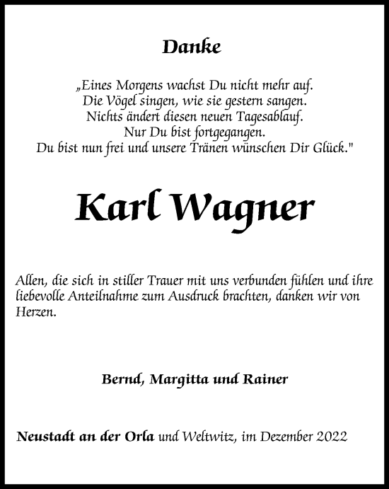 Traueranzeige von Karl Wagner