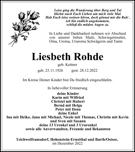 Traueranzeige von Liesbeth Rohde von Ostthüringer Zeitung