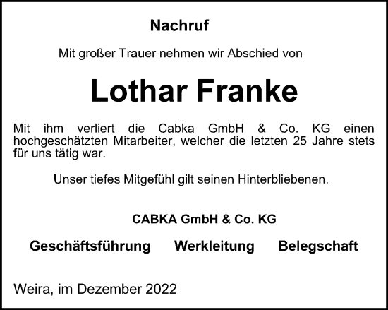 Traueranzeige von Lothar Franke von Thüringer Allgemeine