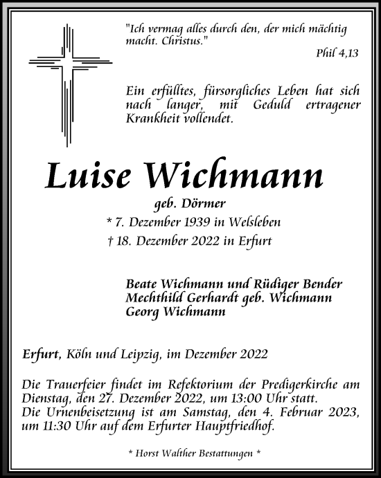 Traueranzeige von Luise Wichmann