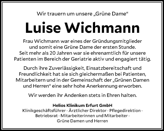 Traueranzeige von Luise Wichmann