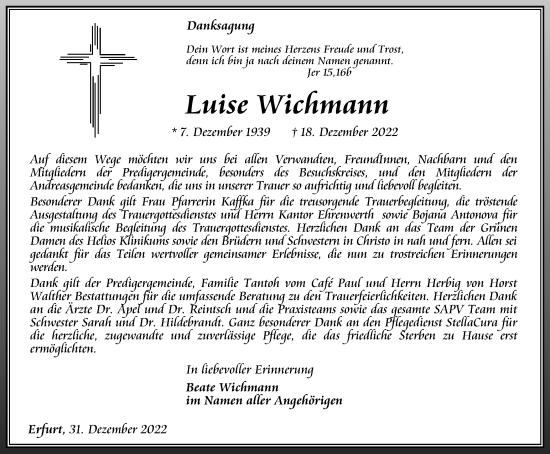 Traueranzeige von Luise Wichmann