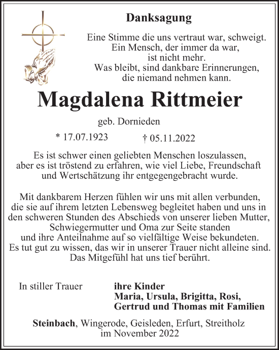 Traueranzeige von Magdalena Rittmeier von Thüringer Allgemeine