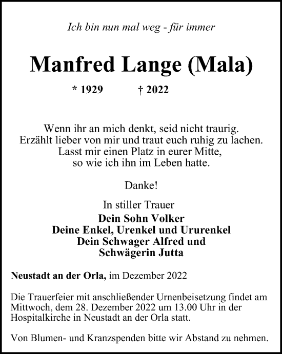 Traueranzeige von Manfred Lange