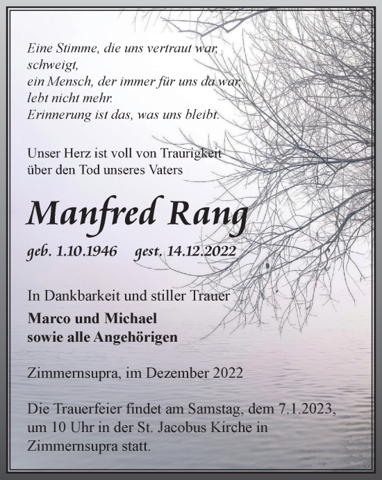 Traueranzeige von Manfred Rang