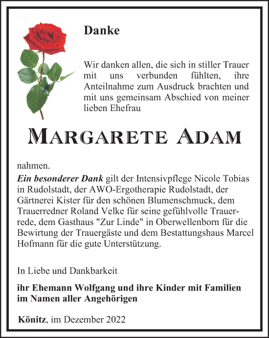 Traueranzeige von Margarete Adam von Ostthüringer Zeitung