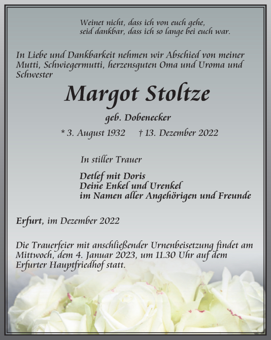 Traueranzeige von Margot Stoltze