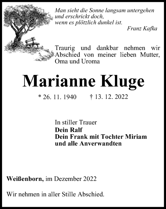 Traueranzeige von Marianne Kluge von Ostthüringer Zeitung