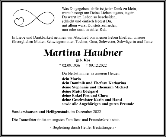 Traueranzeige von Martina Haubner von Thüringer Allgemeine