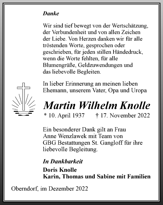 Traueranzeige von Martin Wilhelm Knolle von Ostthüringer Zeitung