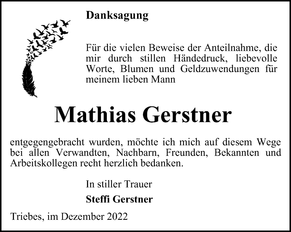  Traueranzeige für Mathias Gerstner vom 17.12.2022 aus Ostthüringer Zeitung