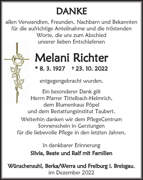 Traueranzeige von Melani Richter von Thüringer Allgemeine, Thüringische Landeszeitung