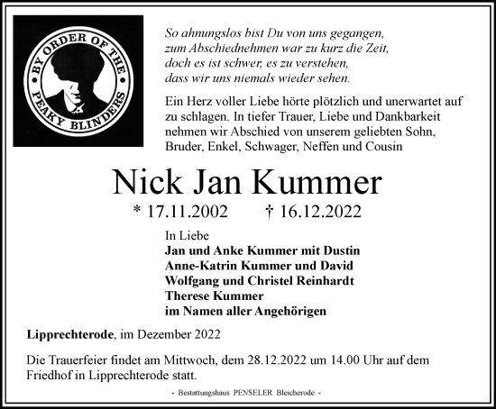 Traueranzeige von Nick Jan Kummer von Thüringer Allgemeine