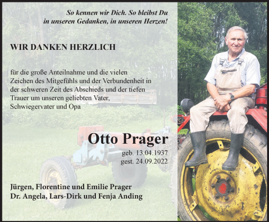 Traueranzeige von Otto Prager von Ostthüringer Zeitung