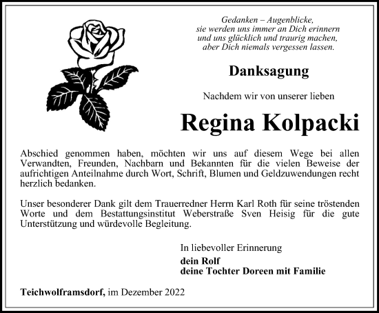 Traueranzeige von Regina Kolpacki von Ostthüringer Zeitung