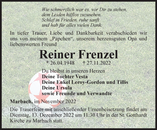 Traueranzeige von Reiner Frenzel von Thüringer Allgemeine, Thüringische Landeszeitung