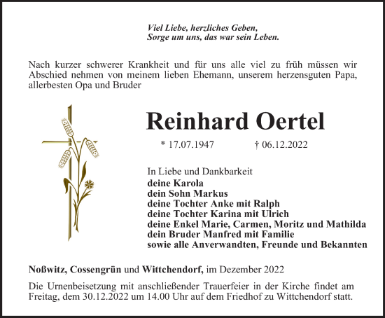 Traueranzeige von Reinhard Oertel von Ostthüringer Zeitung