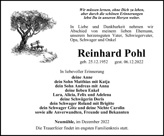 Traueranzeige von Reinhard Pohl von Ostthüringer Zeitung