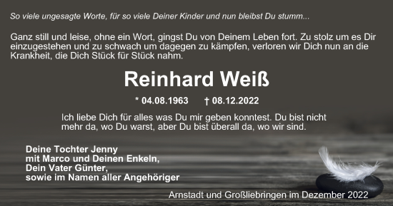 Traueranzeige von Reinhard Weiß von Thüringer Allgemeine