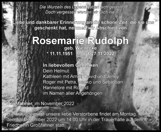 Traueranzeige von Rosemarie Rudolph von Thüringer Allgemeine, Thüringische Landeszeitung