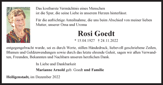 Traueranzeige von Rosi Goedt von Thüringer Allgemeine