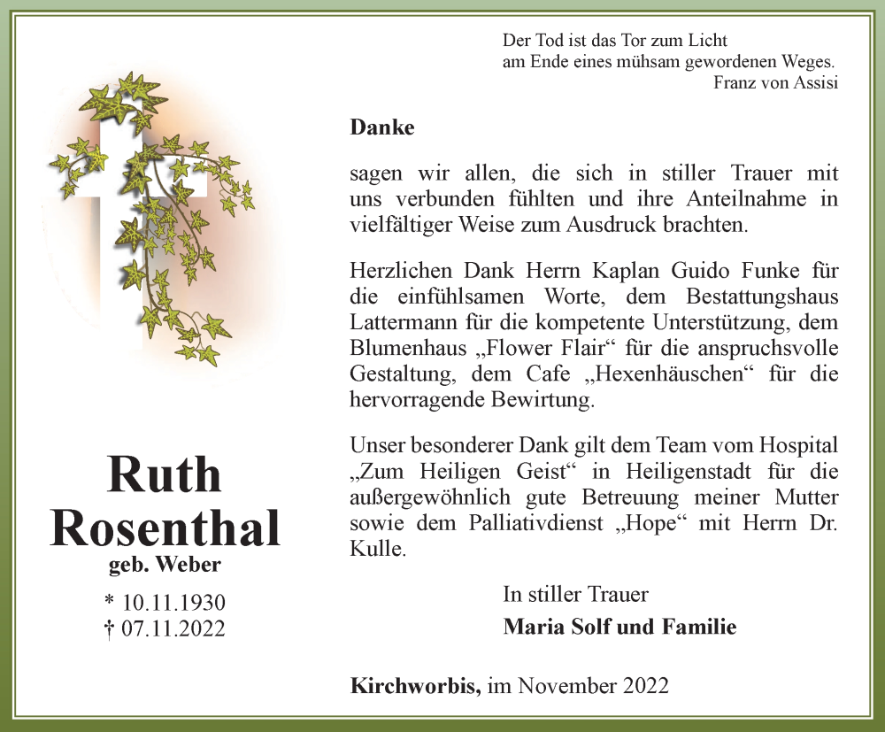  Traueranzeige für Ruth Rosenthal vom 02.12.2022 aus Thüringer Allgemeine