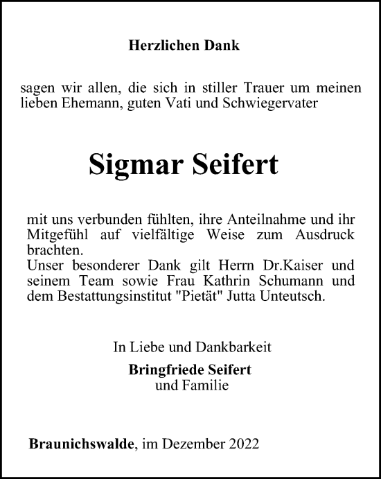 Traueranzeige von Sigmar Seifert von Ostthüringer Zeitung