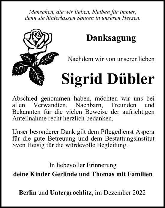 Traueranzeige von Sigrid Dübler von Ostthüringer Zeitung