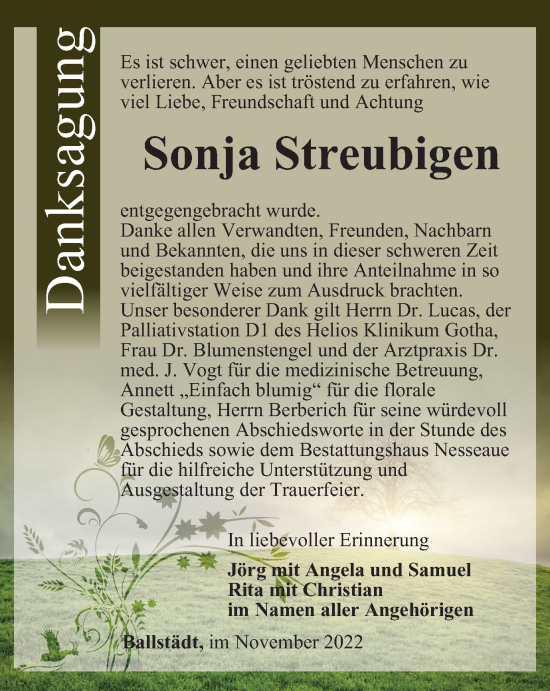 Traueranzeige von Sonja Streubigen von Thüringer Allgemeine, Thüringische Landeszeitung