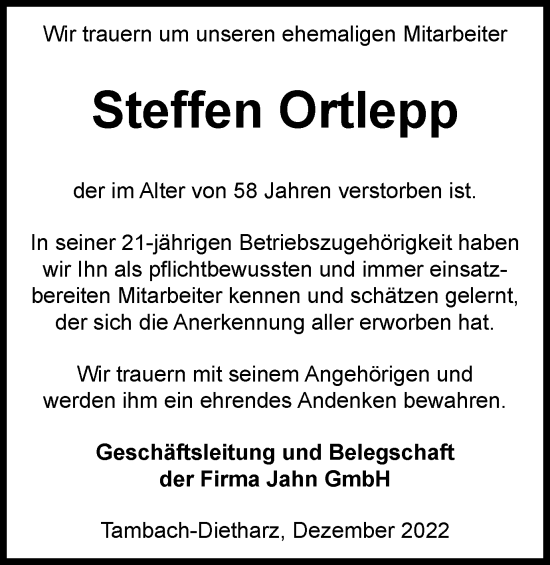Traueranzeige von Steffen Ortlepp von Thüringer Allgemeine, Thüringische Landeszeitung