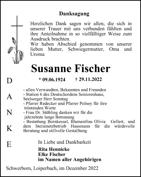 Traueranzeige von Susanne Fischer