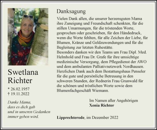 Traueranzeige von Swetlana Richter von Thüringer Allgemeine