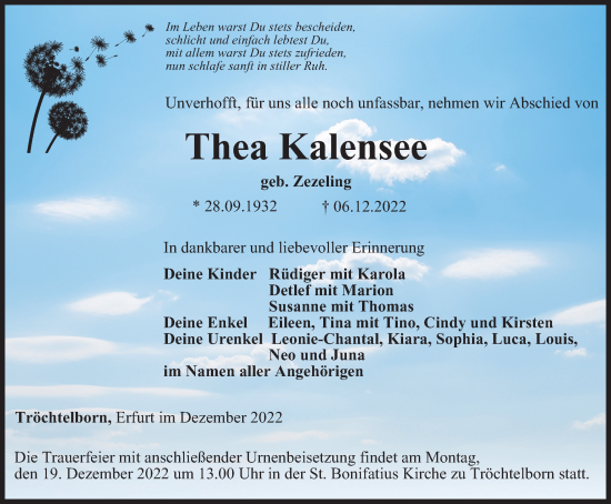 Traueranzeige von Thea Kalensee von Thüringer Allgemeine, Thüringische Landeszeitung