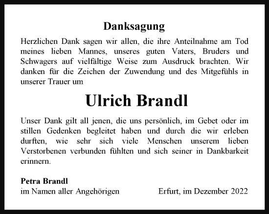 Traueranzeige von Ulrich Brandl von Thüringer Allgemeine, Thüringische Landeszeitung