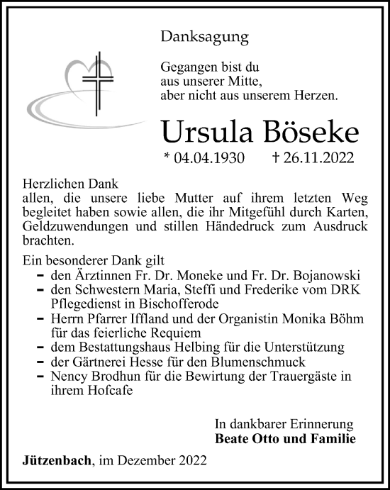 Traueranzeige von Ursula Böseke von Thüringer Allgemeine