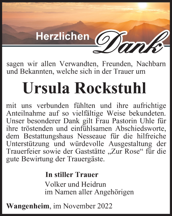 Traueranzeige von Ursula Rockstuhl von Thüringer Allgemeine, Thüringische Landeszeitung