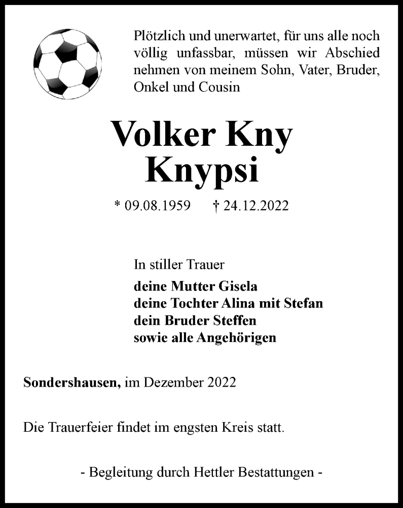  Traueranzeige für Volker Kny Knypsi vom 31.12.2022 aus Thüringer Allgemeine