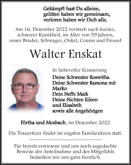 Traueranzeige von Walter Enskat von Thüringer Allgemeine, Thüringische Landeszeitung