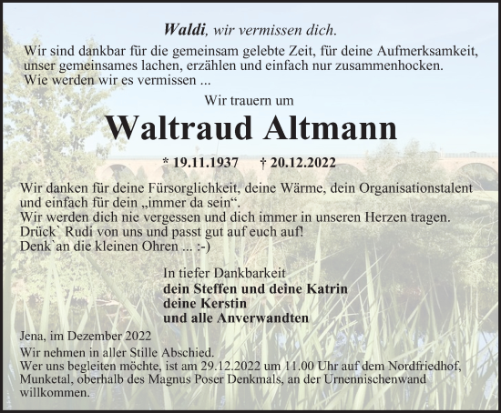 Traueranzeige von Waltraud Altmann von Ostthüringer Zeitung, Thüringische Landeszeitung