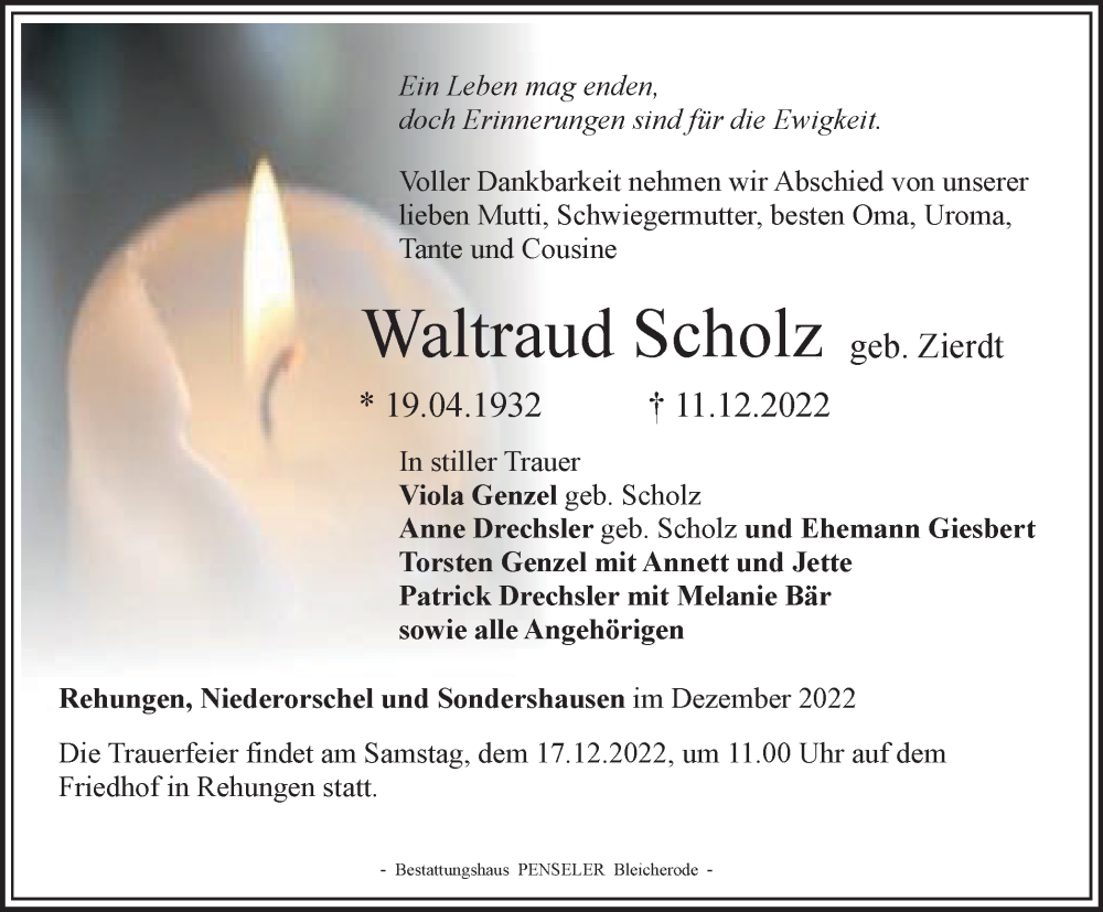  Traueranzeige für Waltraud Scholz vom 16.12.2022 aus Thüringer Allgemeine