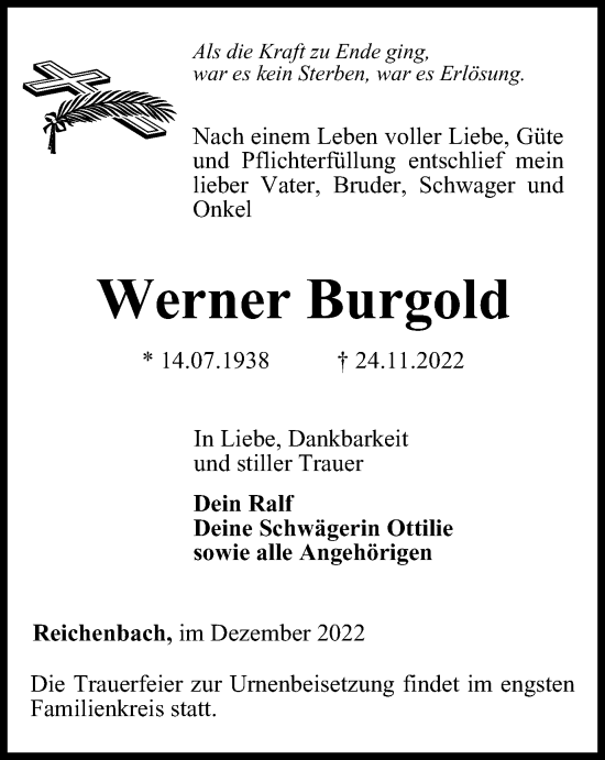 Traueranzeige von Werner Burgold von Ostthüringer Zeitung