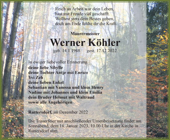 Traueranzeige von Werner Köhler von Ostthüringer Zeitung