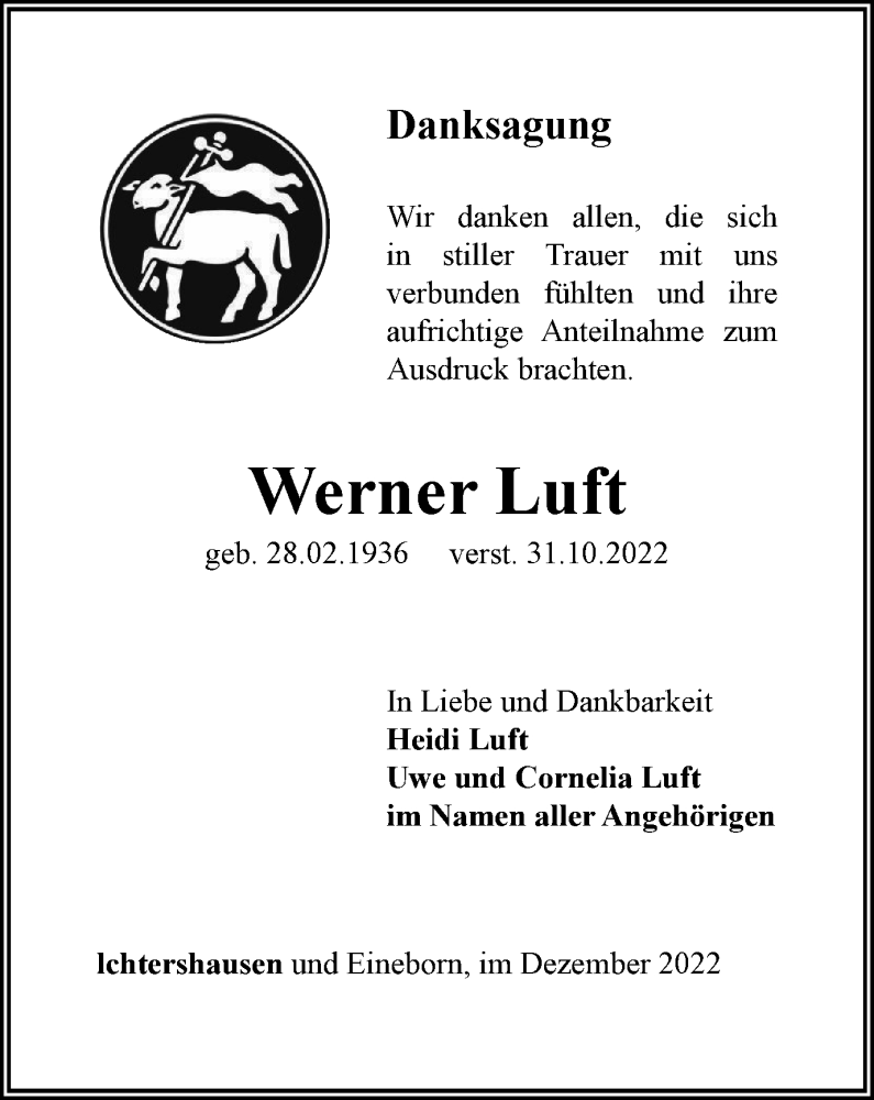  Traueranzeige für Werner Luft vom 24.12.2022 aus Ostthüringer Zeitung