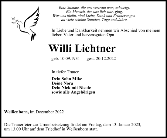 Traueranzeige von Willi Lichtner von Ostthüringer Zeitung