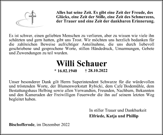 Traueranzeige von Willi Schauer von Thüringer Allgemeine