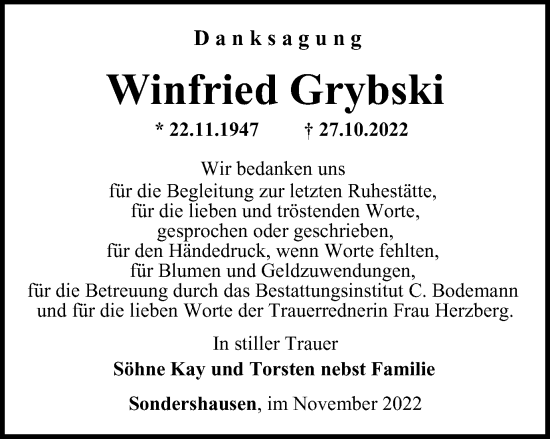 Traueranzeige von Winfried Grybski