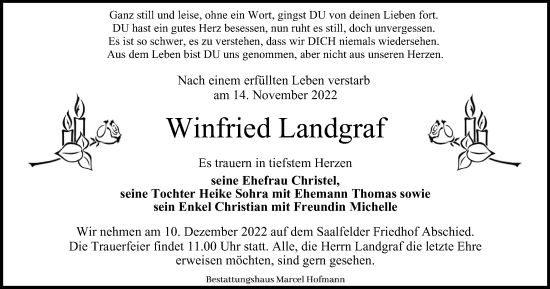 Traueranzeige von Winfried Landgraf von Ostthüringer Zeitung